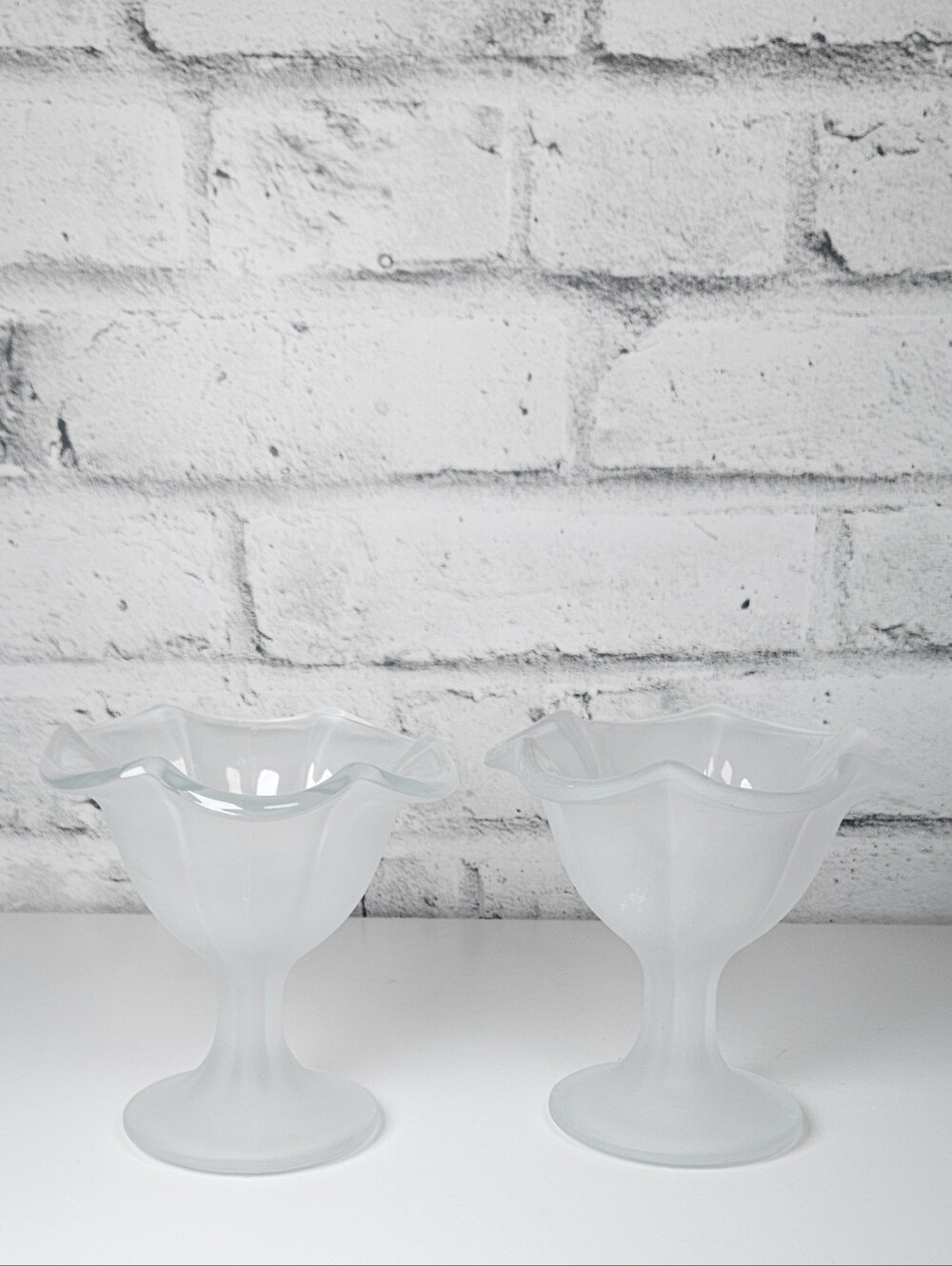 Vintage Milk Glass Ruffled Pedestal Bowls Pair Silver Crest Style